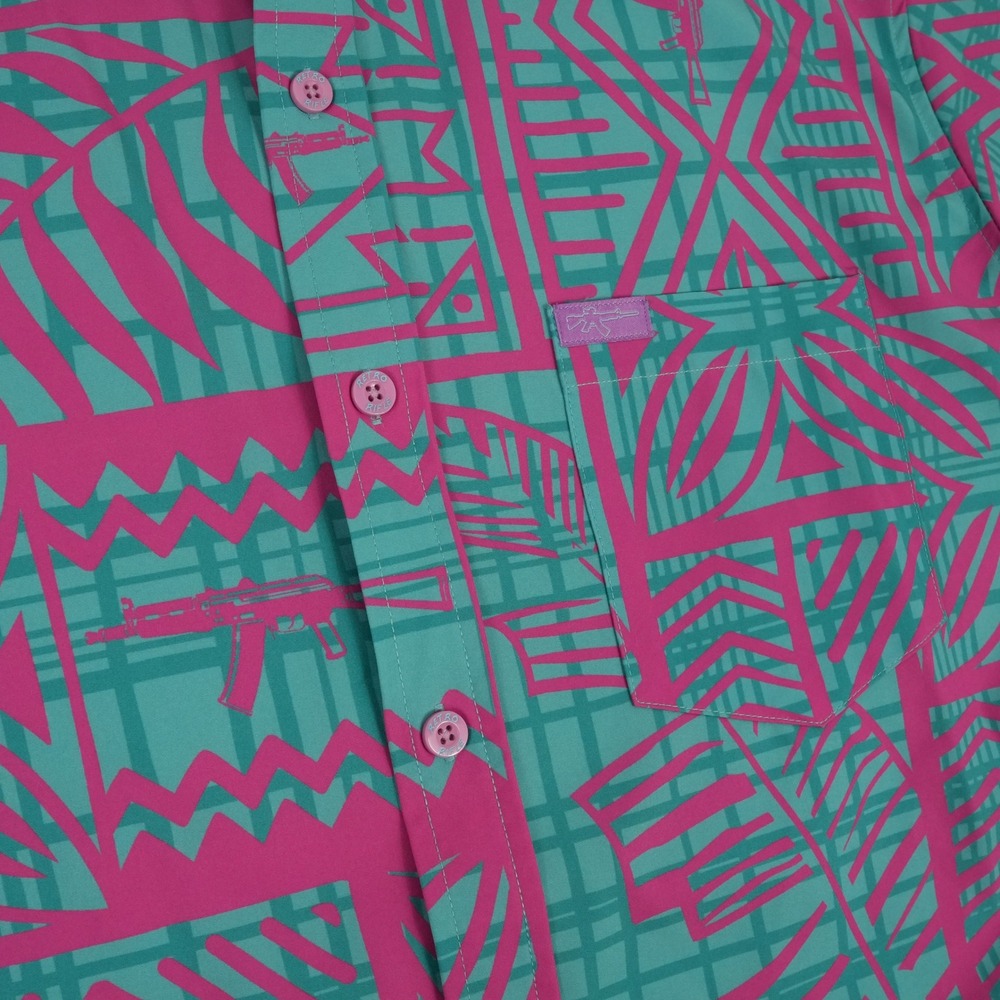 Retro Rifle Button Down Shirt Mens XL Teal Pink AK-47 Geometric Hawaiian Stretch - Picture 2 of 11